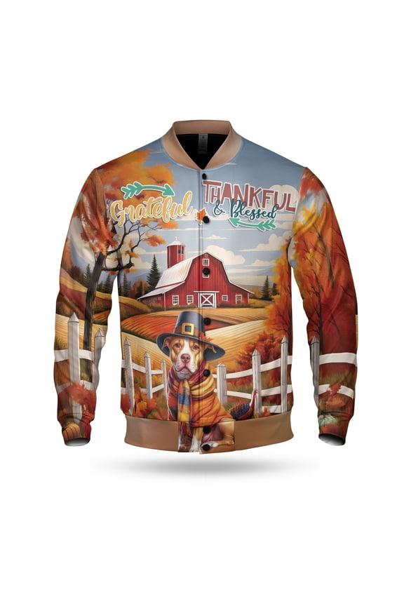 Thanksgiving Pitbull Pilgrim Grateful, Thankful, Blessed Fall Welcome All Over Print 3D Baseball Jacket Terrier Dog Lover Bomber Jacket Softball - 00021