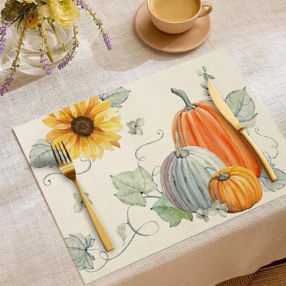 Thanksgiving Placemat 18x12 Inch - Heat Resistant Linen Table Mat for Holiday Dining, Farmhouse Pumpkin Decor with Double Stitched Edges, Dishwasher Safe Fall Table Setting Essential