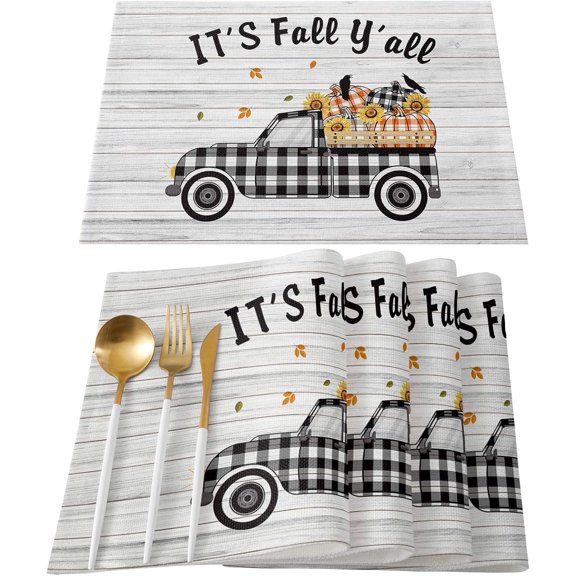 Thanksgiving Placemats 4pcs IT''S FALL Y''All Place Mat Truck With Pumpkins Wood Plank Table Mats Stain Resistant Heat Insulation Non-Slip Kitchen Table Decor for Thanksgiving Day Dinner Party