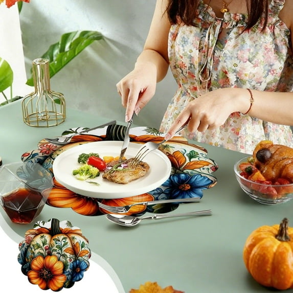 Thanksgiving Placemats, Heat Resistant Table Mat with Fall Pumpkin Pattern, Vintage Style Dining Mat for Holiday Party Decor(P)