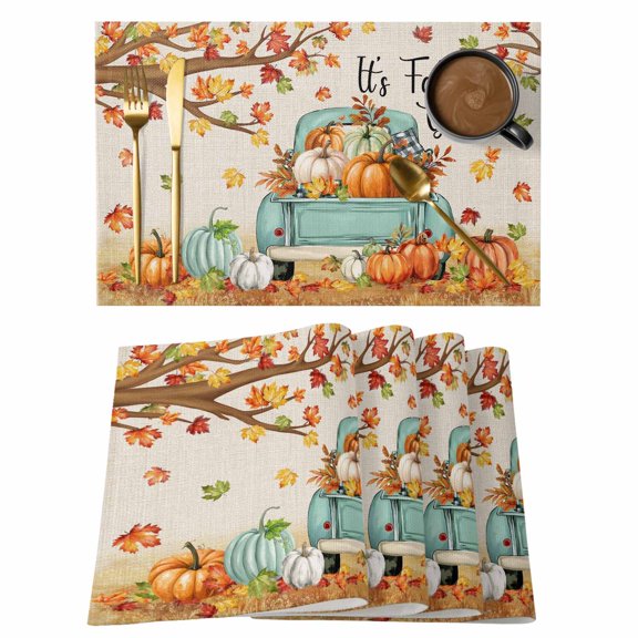 Thanksgiving Placemats Set of 1, Fall Maple Leaf Car Pumpkin White Wood Grain Non-Slip Place Mats Washable Table Mats for Kitchen Dining Table Decorations Indoor/Outdoor