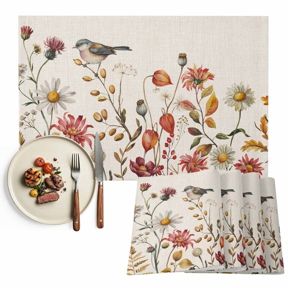 Thanksgiving Placemats Set of 1 Fall Plants Bird Heat Insulated Linen Place Mats, Washable Stain-Proof Table Mats for Dining Tables Holiday Decor 13x19inch