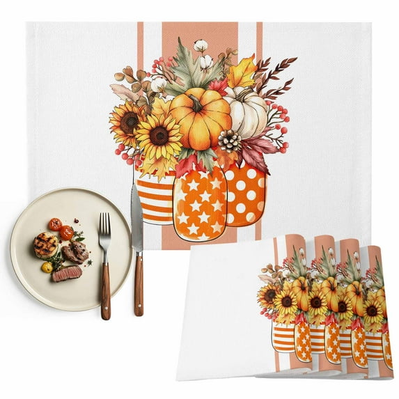 Thanksgiving Placemats Set of 1 Leaf Pumpkin Sunflower Bottle Heat Insulated Linen Place Mats, Washable Stain-Proof Table Mats for Dining Tables Holiday Decor 13x19inch