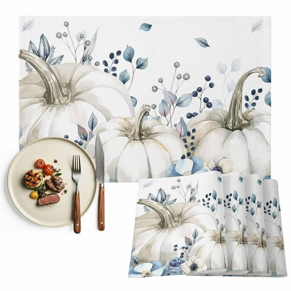Thanksgiving Placemats Set of 12 Blue Leaf Berry Pumpkin Heat Insulated Linen Place Mats, Washable Stain-Proof Table Mats for Dining Tables Holiday Decor 13x19inch