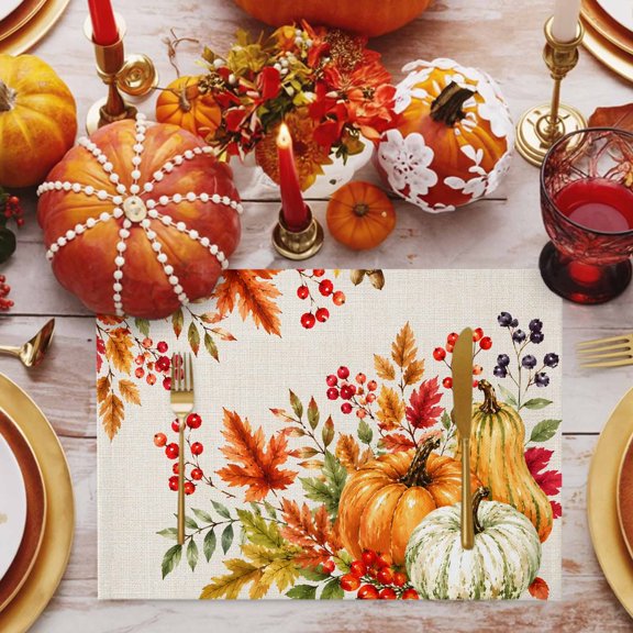 Thanksgiving Placemats Set of 12, Fal Pumpkin Maple Leaves Red Berries Linen Texture Non-Slip Place Mats Washable Table Mats for Kitchen Dining Table Decorations Indoor/Outdoor