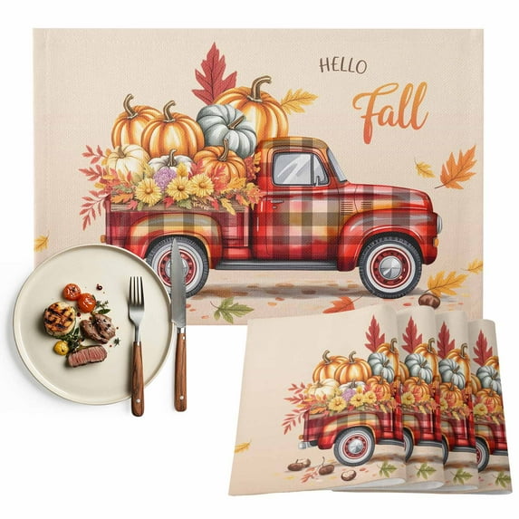 Thanksgiving Placemats Set of 12 Hello Fall Truck Pumpkin Maple Leaf Heat Insulated Linen Place Mats, Washable Stain-Proof Table Mats for Dining Tables Holiday Decor 13x19inch