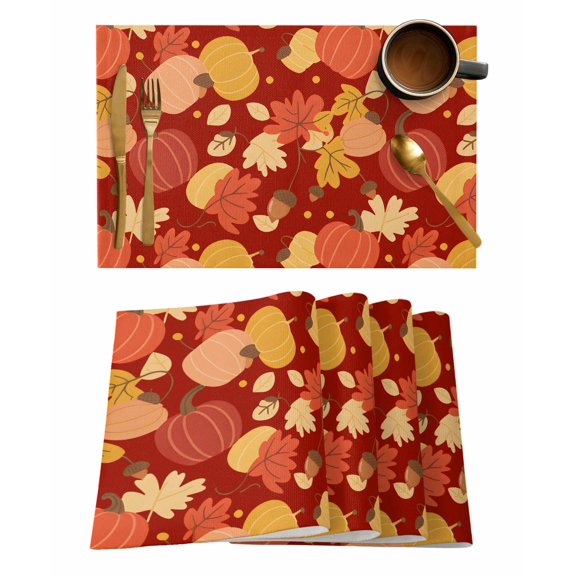 Thanksgiving Placemats Set of 2 Cartoon Pumpkin Maple Leaf Fall Red Orange Heat Insulation Washable Place Mats, Rustic Non-Slip Table Mats for Dining Table Party Kitchen Decor,13x19 Inch