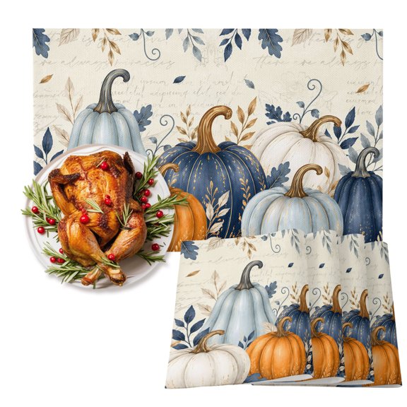 Thanksgiving Placemats Set of 2, Fall Deep Navy White Blue Pumpkin Leaf Beige Backdop Heat Insulated Linen Place Mats, Washable Stain-Proof Table Mats for Dining Tables Holiday Decor 13x19 Inches