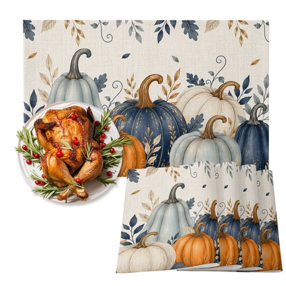 Thanksgiving Placemats Set of 2, Fall Deep Navy White Blue Pumpkin Leaf Linen Texture Heat Insulated Linen Place Mats, Washable Stain-Proof Table Mats for Dining Tables Holiday Decor 13x19 Inches