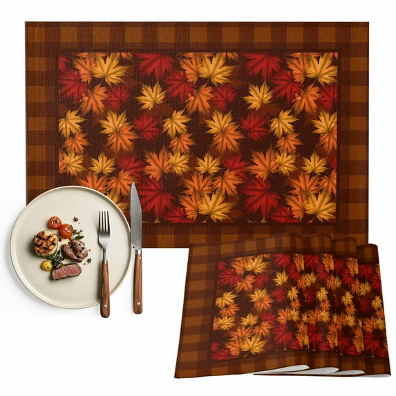 Thanksgiving Placemats Set of 2 Vintage Fall Maple Leaf Brown Plaid Heat Insulated Linen Place Mats, Washable Stain-Proof Table Mats for Dining Tables Holiday Decor 13x19inch