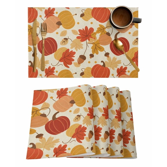 Thanksgiving Placemats Set of 4 Cartoon Pumpkin Maple Leaf Fall Farm Heat Insulation Washable Place Mats, Rustic Non-Slip Table Mats for Dining Table Party Kitchen Decor,13x19 Inch