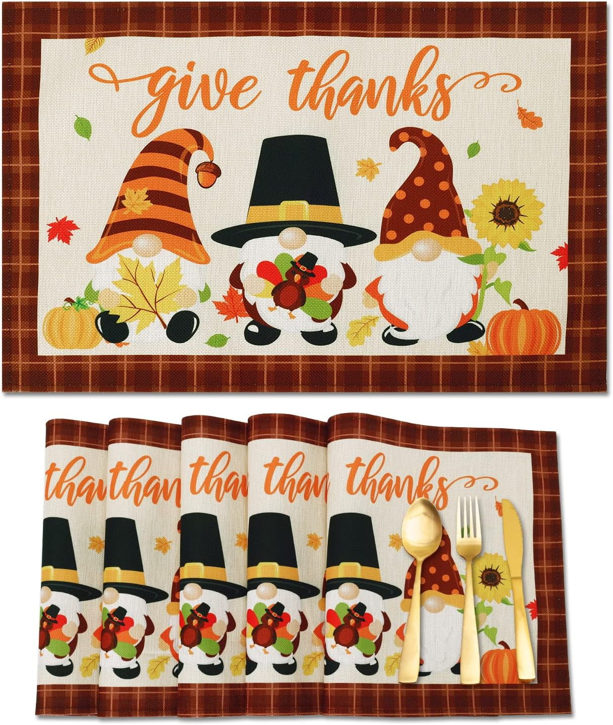 Thanksgiving Placemats Set of 6 for Dining Table, Fall Gnomes Table