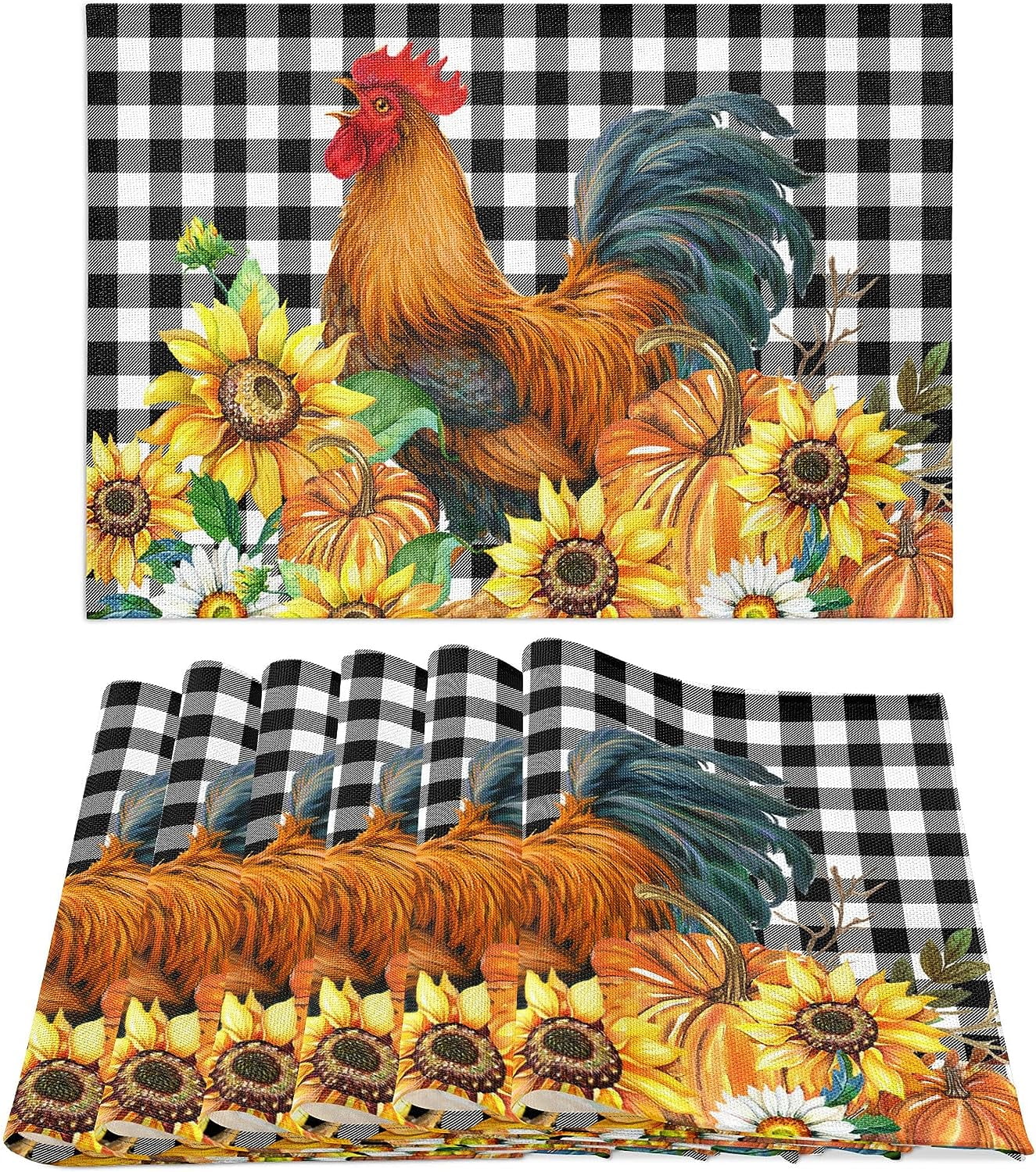 Thanksgiving Placemats Set of 6, Fall Black White Norina Gnome Fall
