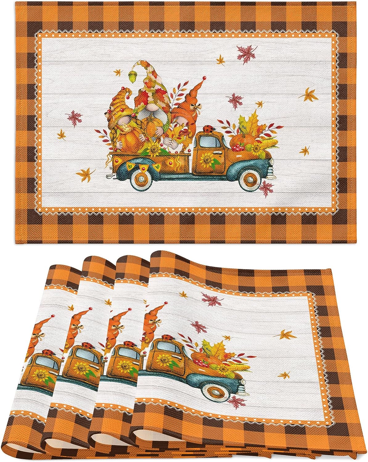 Thanksgiving Placemats Set of 6, Fall Orange Black Buffalo Plaid Truck