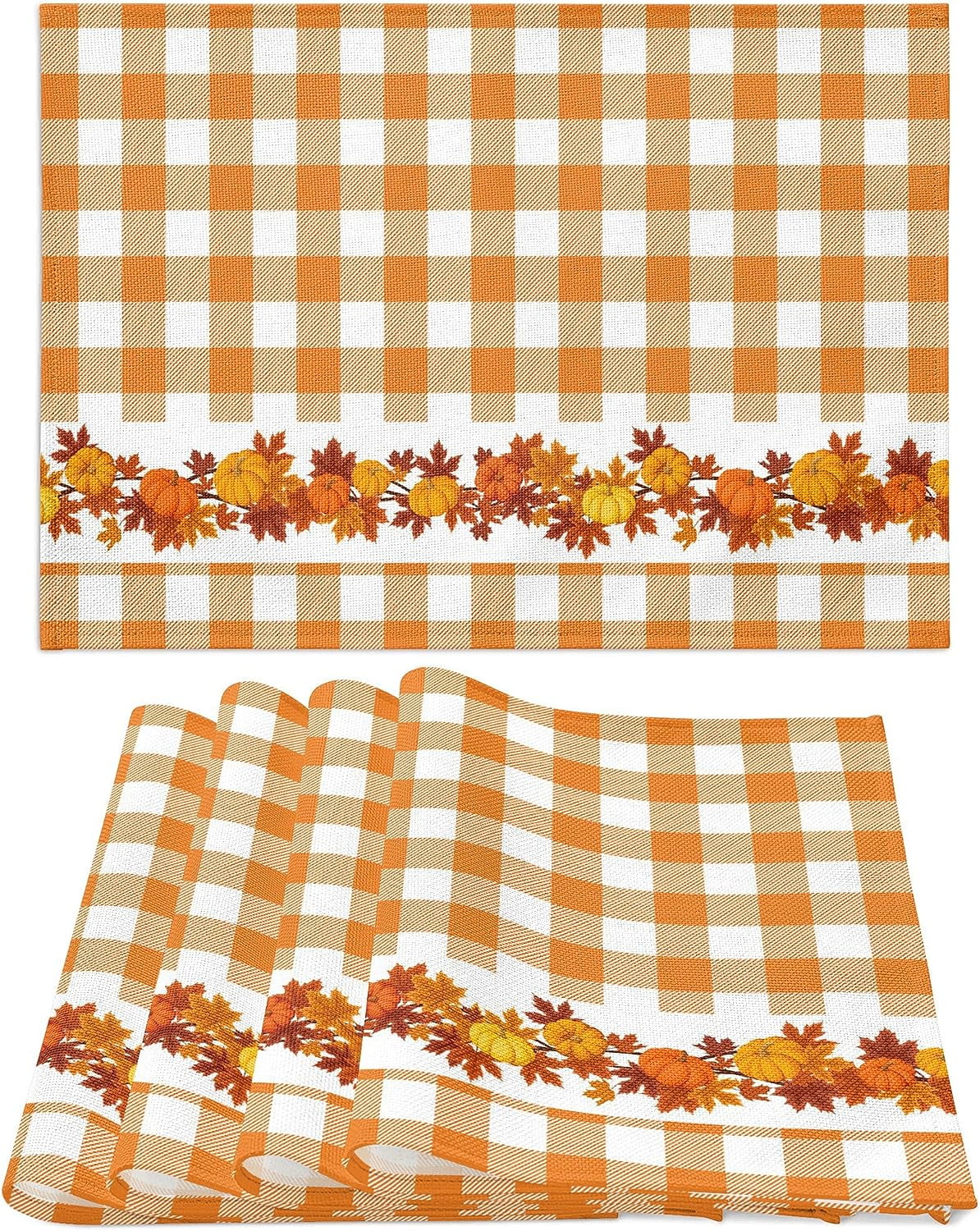 Thanksgiving Placemats Set of 6, Fall Orange Black Buffalo Plaid Truck