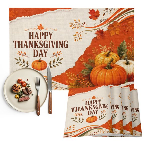 Thanksgiving Placemats Set of 6, Fall Orange Pumpkins Harvest Maple Leaves Washable Wipeable Table Mats for Dining Tables, Indoor Outdoor Kitchen Place Mats for Holiday Party Table Decor