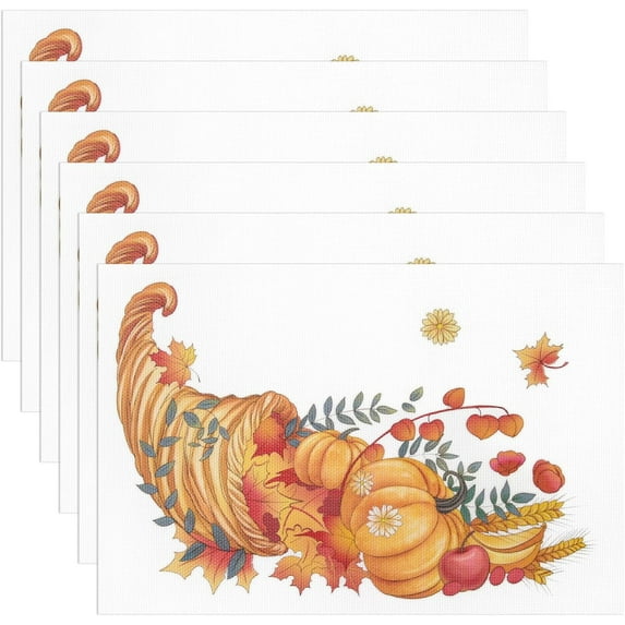 Thanksgiving Placemats Set of 6 Fall Place Mats Pumpkin Maple Leaves Table Mats Washable Non-Slip Heatproof Woven Placemats for Dining Table (17.7" X 11.8")