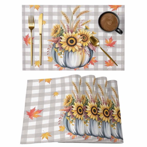Thanksgiving Placemats Set of 6, Fall White Pumpkin Sunflowers Maple Leaf Plaid Placemats for Dining Table, Place Mats for Kitchen Tabletop, Waterproof Wipeable Dining Table Mats Set