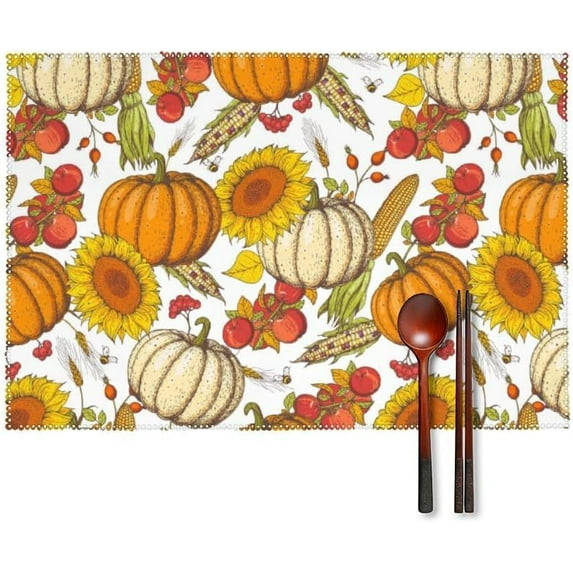 Thanksgiving Placemats Set of 6, Heat Resistant Non-Slip Yellow Place Mats for Kitchen Dining Table, Washable Durable Cloth Table Mats Holiday Decor, 18x12 Inch