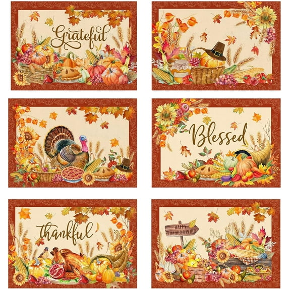 Thanksgiving Placemats Set of 6, Turkey Holiday Placemats Set of 6 12x18 Inch for Dining Table, Thanksgiving Place Mats Pumpkins Fall Leaves Orange Farmhouse Table Decor for Kitchen Dining Room Home