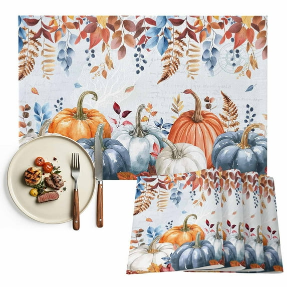 Thanksgiving Placemats Set of 8 Fall Orange Blue Pumpkin Eucalyptus Leaf Heat Insulated Linen Place Mats, Washable Stain-Proof Table Mats for Dining Tables Holiday Decor 13x19inch
