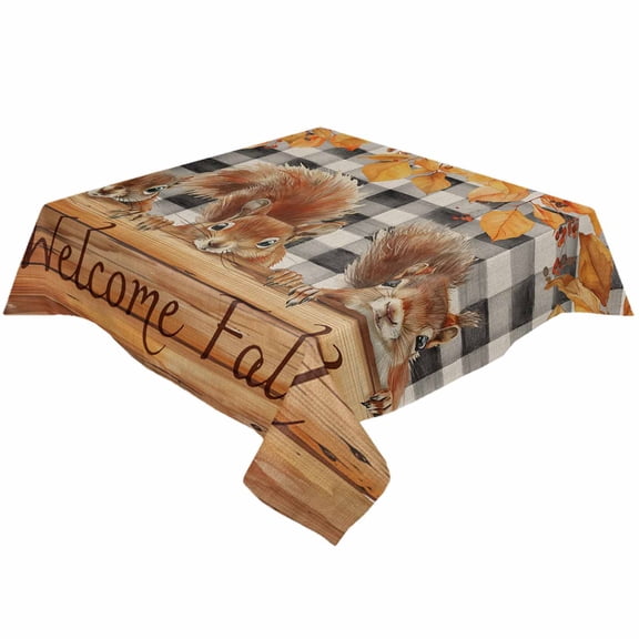 Thanksgiving Plaid Squirrel Square/Round Tablecloths 52x52,Fall Buffalo Black Maple Leaf Table Cloth Table Cover Indoor/Outdoor Tabletop Decor for Wedding Holiday Party Dinner Baby Shower
