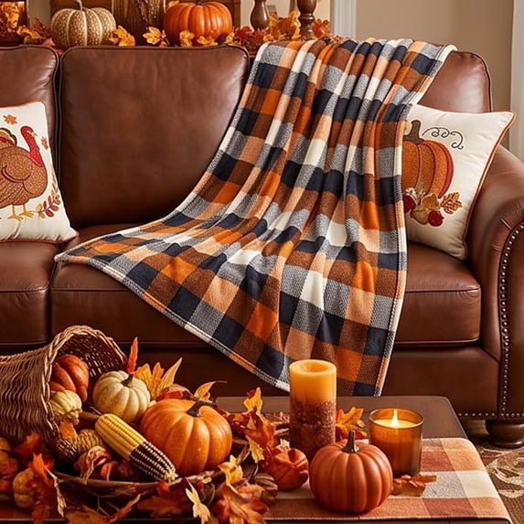 Thanksgiving Plaid Throw Blanket, Orange Flannel Sofa Cover, 40 x 60 Inch Soft Autumn Layer for Couch Bed Chair Office Nap and Harvest Home Decor, Lightweight Seasonal Blanket