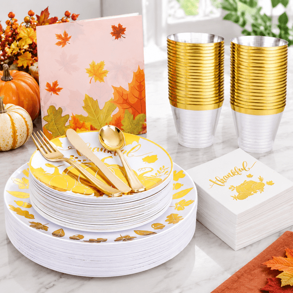 Thanksgiving Plastic Party Plates Set, Pumpkin Design, 25 Guests