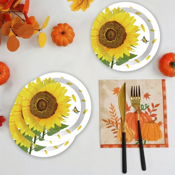 Thanksgiving Plates Fall Plates 16 Pack 7 Inch Paper Disposable Dessert Plates Sunflower Maple Leaf Pumpkin Print Tableware Autumn Decoration for Birthday Picnic Weeding