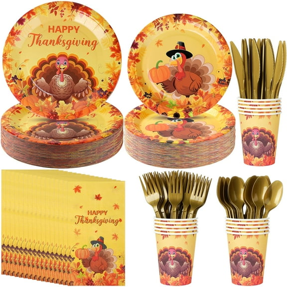 Thanksgiving Plates and Napkins Set, Disposable AFN1Fall Party Pumpkin Maple Leaves Turkey Dinnerware Plates Napkins Cups Forks Knives Spoon for Give Thanks Party Decorations, Serve 50