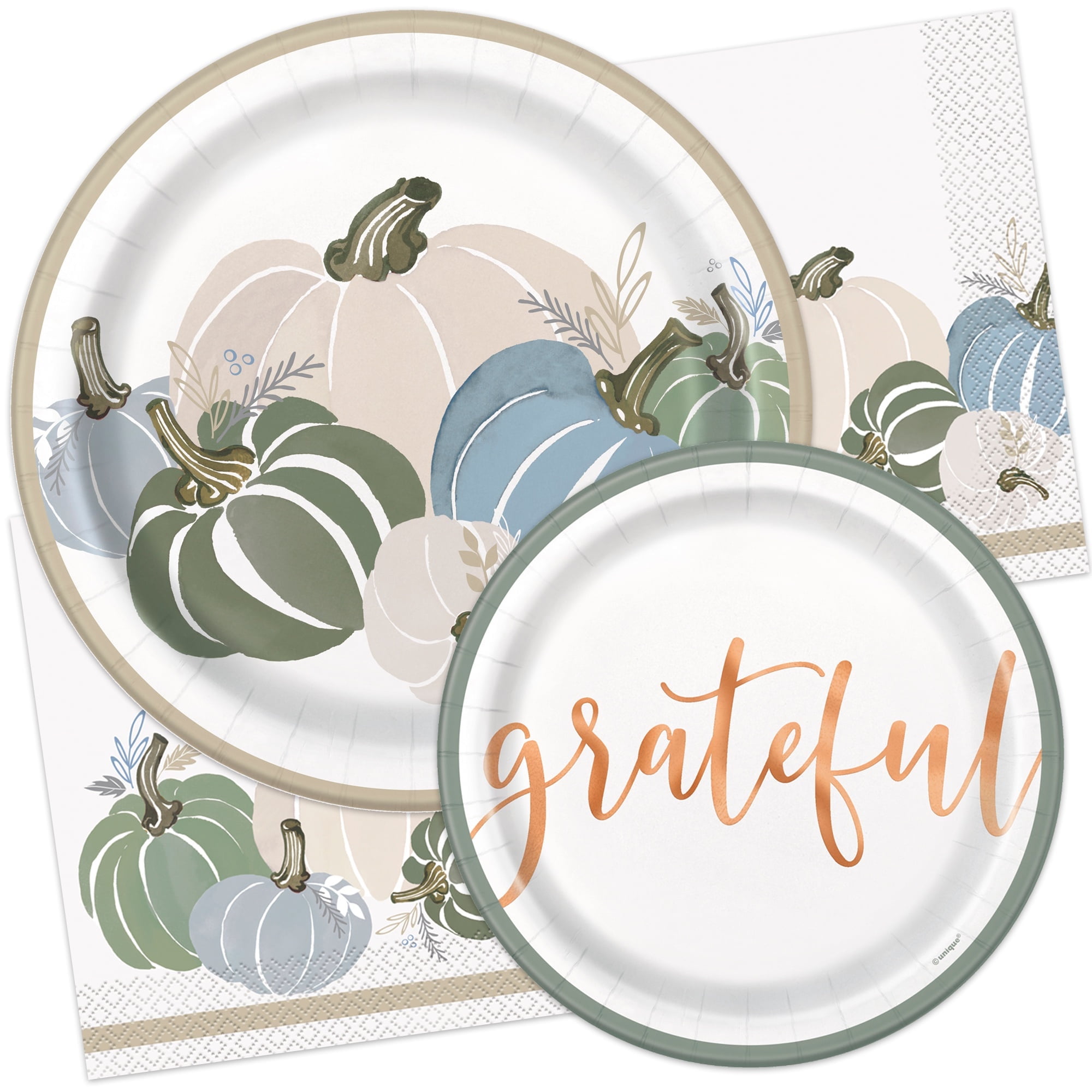 Thanksgiving Plates and Napkins - 16 Pumpkin Dinner Plates, 16 "Grateful" Dessert Plates, 16 Pumpkin Napkins