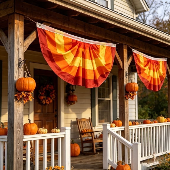 Thanksgiving Pleated Fan Flag, 35-Inch Gradient Fall Half-Fan Bunting for Porch Decor
