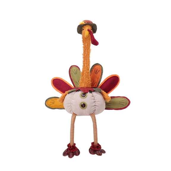 Thanksgiving Plush Turkey Decor with Round Hat, Adjustable Fall Tabletop Decoration for Shelf, Mantel & Home Decor