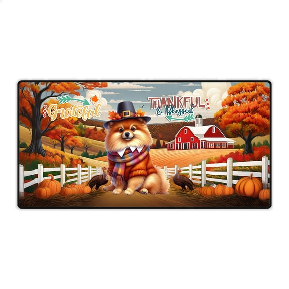Thanksgiving Pomeranian Pilgrim Grateful, Thankful, Blessed Fall Welcome Desk Mat Full Keyboard Mouse Pad Pom Dog Lover Gifts Large Mousepad - 00021