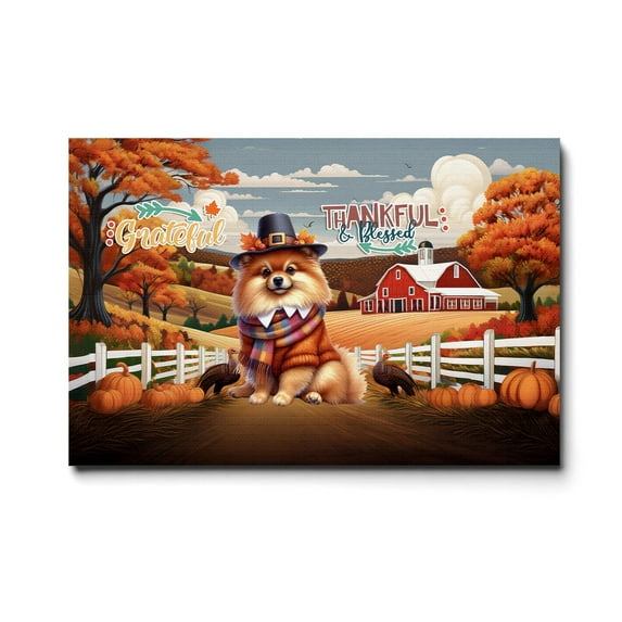 Thanksgiving Pomeranian Pilgrim Grateful, Thankful, Blessed Fall Welcome Horizontal Matte Canvas Poster Pom Dog Lover Gifts Wall Art Home Decor - 00021