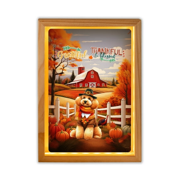 Thanksgiving Poodle Pilgrim Grateful, Thankful, Blessed Fall Welcome Acrylic Plaque with Wood Photo Frame Box Poodles Dog Lover Gifts Idea Light Box - 00021