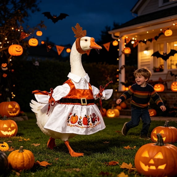 Thanksgiving Porch Goose Outfits Fits Lawn Goose Statue Fall Turkey Pumpkin Embroidered Clothes With Hat Costume For Autumn Yard, Patio & Garden Decor (Halloween Goose)