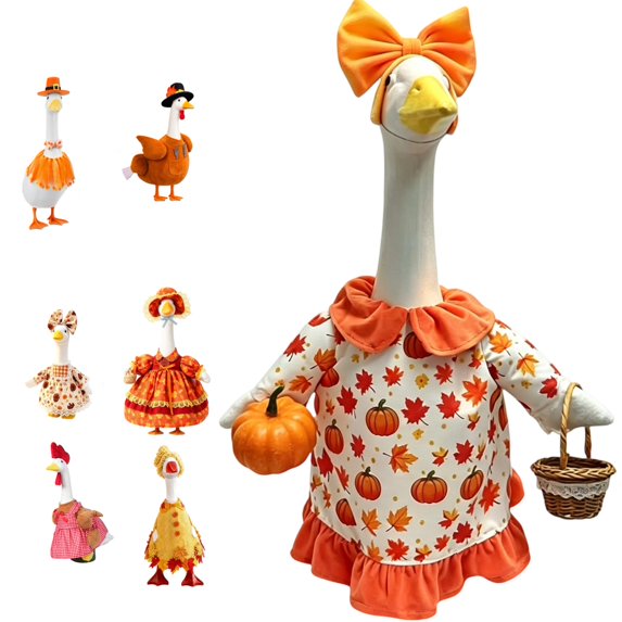 Thanksgiving Porch Goose Outfits With Turkey & Sunflower Bow for Outdoor Garden Decor for 23"H Plastic/Cement Statues Patio Lawn Yard Decorations
