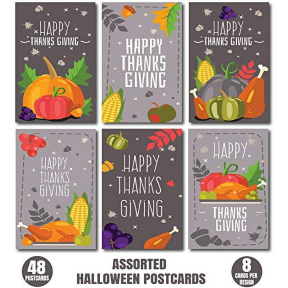 Thanksgiving Postcards:Set includes 48 pc Thanksgiving Cards Bulk Assortment; 6 Different Card Designs (8 of each); Perfect Thanksgiving Invitations or Friendsgiving invitations;Fall Thank You Cards