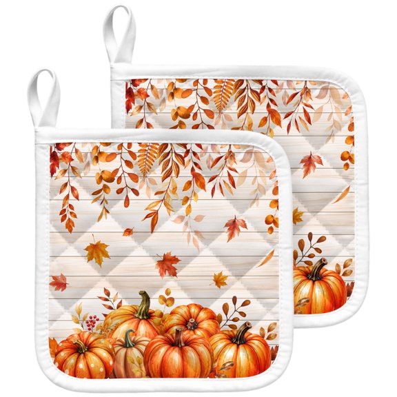 Thanksgiving Pot Holders for Kitchen Heat Insulation Potholder,Kitchen Pot Holders Sets Washable Oven Hot Pads Terry Cloth Trivet for Cooking Baking Fall Orange Pumpkin Maple Leaves Wood Plank 2 Pack