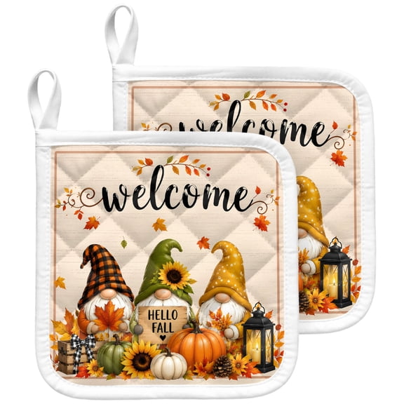 Thanksgiving Pot Holders for Kitchen Heatproof Potholder, 2 Pack Fall Gnomes Pumpkin Maple Leaf Sunflowers Hot Pads Multipurpose Oven Pads Terry Cloth Potholders Trivet for Cooking and Baking