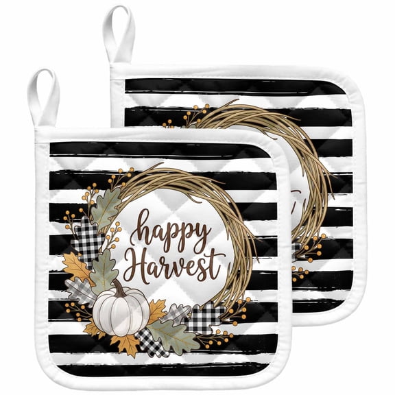 Thanksgiving Pot Holders for Kitchen Heatproof Potholder, 2 Pack Fall Harvest Pumpkins Maple Black Stripes Hot Pads Multipurpose Oven Pads Terry Cloth Potholders Trivet for Cooking and Baking