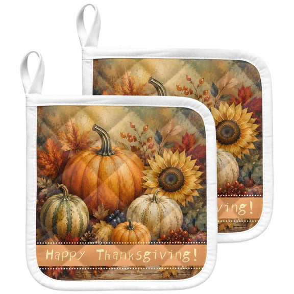 Thanksgiving Pot Holders for Kitchen Heatproof Potholder, 2 Pack Fall Maple Leaf Pumpkin Harvest Orange Hot Pads Multipurpose Oven Pads Terry Cloth Potholders Trivet for Cooking and Baking
