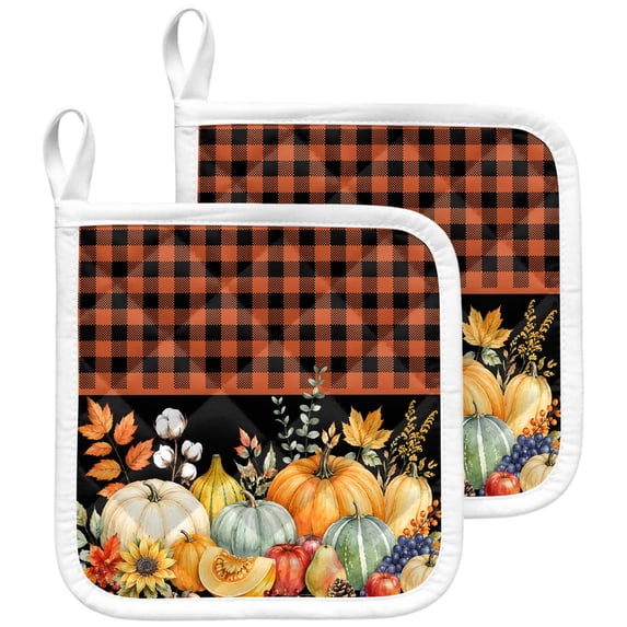 Thanksgiving Pot Holders for Kitchen Heatproof Potholder, 2 Pack Fall Pumpkin Fruit Leaves Orange Black Plaid Hot Pads Multipurpose Oven Pads Terry Cloth Potholders Trivet for Cooking and Baking