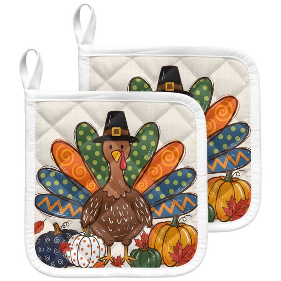 Thanksgiving Pot Holders for Kitchen Heatproof Potholder, 2 Pack Fall Turkey Pumpkins Maple Leaves Rustic Hot Pads Multipurpose Oven Pads Terry Cloth Potholders Trivet for Cooking and Baking