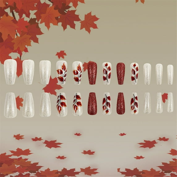 Thanksgiving Press On Nails with Maple Leaves Designs 24pcs Fall Nails Glossy Acrylic Nails Full Covers on Nails