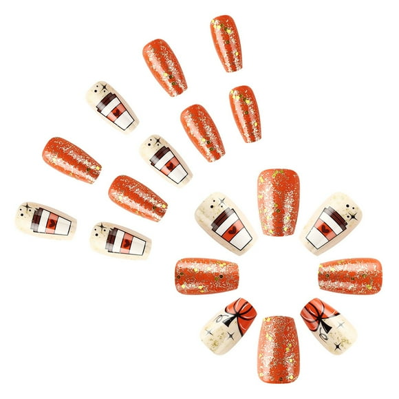Thanksgiving Press on Nails Short Almond Glossy Full Covers Fall False Nails with Pumpkin Designs Stick on Nails 24Pcs