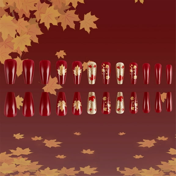 Thanksgiving Press on Nails Short Square Glossy Full Cover Fall False Nails with Maple Leaf Designs Stick on Nail 24Pcs