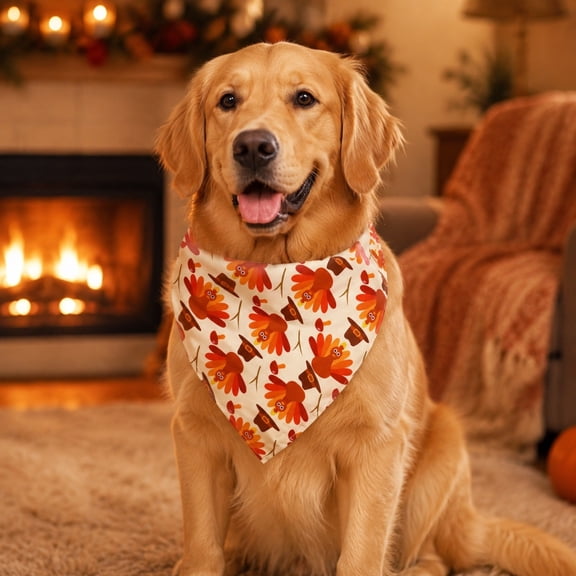 Thanksgiving Print Pet Triangular Bandana Turkey Hat Leaf Scarf Knotted Adjustable Fit For Cats Small Medium Dogs Holiday Photo Accessory 25.59X16.54In A