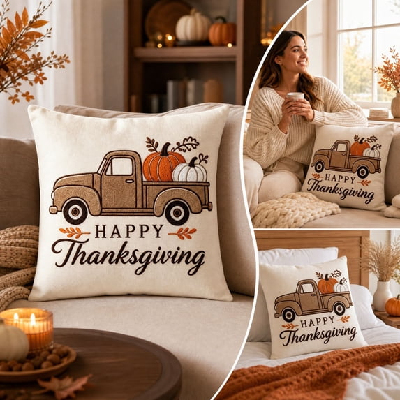 Thanksgiving Printed Linen Pillowcases 18X18 Inch, Fall Pillow Cover, Holiday Decoration Cushion Cover with Pumpkin Pattern for Living Room Bedroom